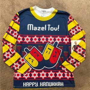 Mazel Tov Hanukkah Shirt - Blue, Yellow, Red - Medium
